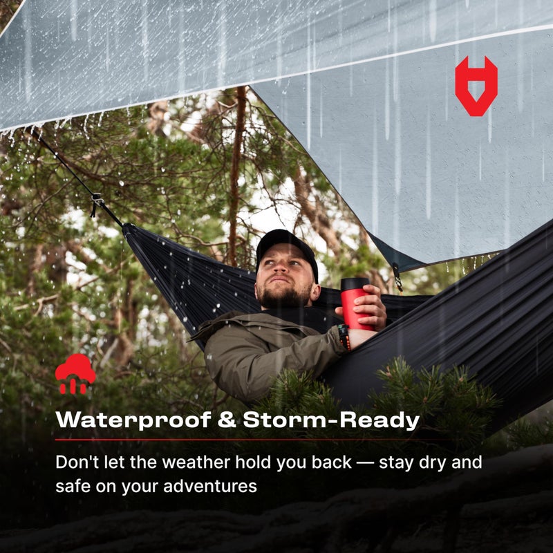 NoCry Rain Fly 12x10 Lightweight Survival Camping Tarp; 100% Waterproof; Makes a Great Backpacking Tarp or Hammock Shelter; Comes in Multiple Colors, Survival Bracelet Included; Black - Image 3